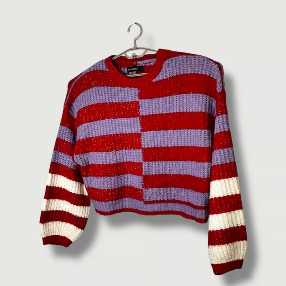 BlankNYC Good Mood Asymmetrical Striped Cropped Sweater Size Large